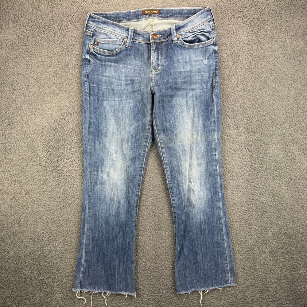 Dear John Women Blue Distressed Low Rise Bootcut Jeans Raw Hem Size 27
